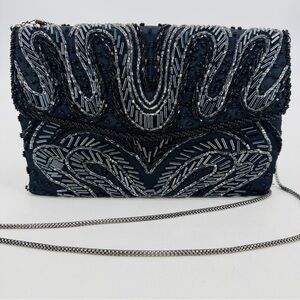 La Regale Vintage Beaded Satin Handmade Chain Link Evening Clutch Crossbody Bag